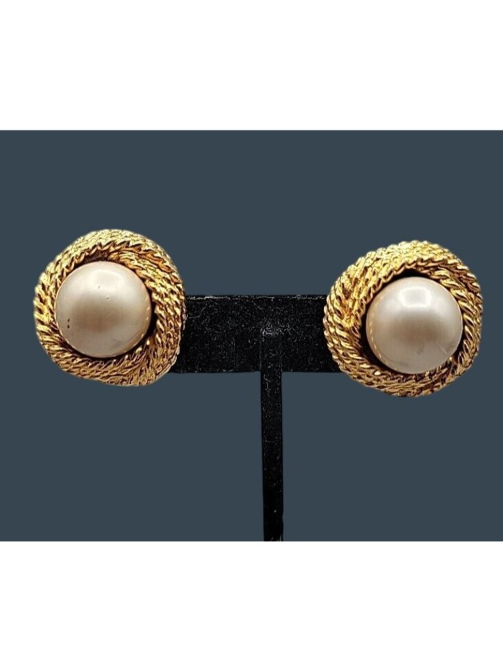 KJL Large Faux Pearl Button Clip On Earrings Gold Plated Rope Frame Vintage